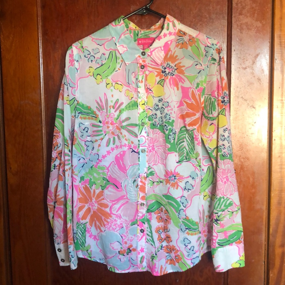 Lilly Pulitzer for Target Nosey Posey print blouse button up EUC neon size Large